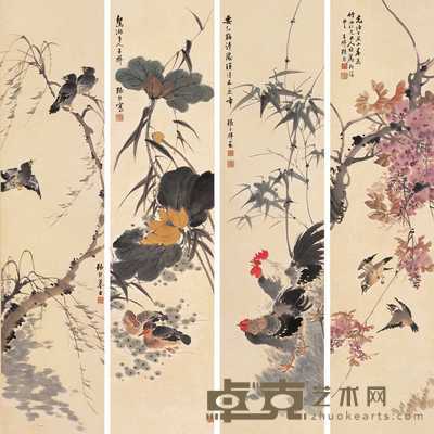 张熊 丁丑(1877年)作 花鸟四条屏 立轴 124×31.8cm×4